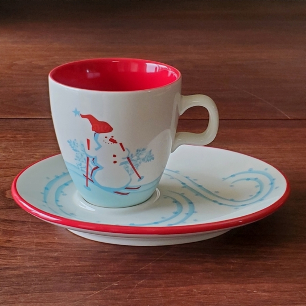 Starbucks Holiday 2007 6oz Cup Mug Plate Saucer Set Penguin Snowman